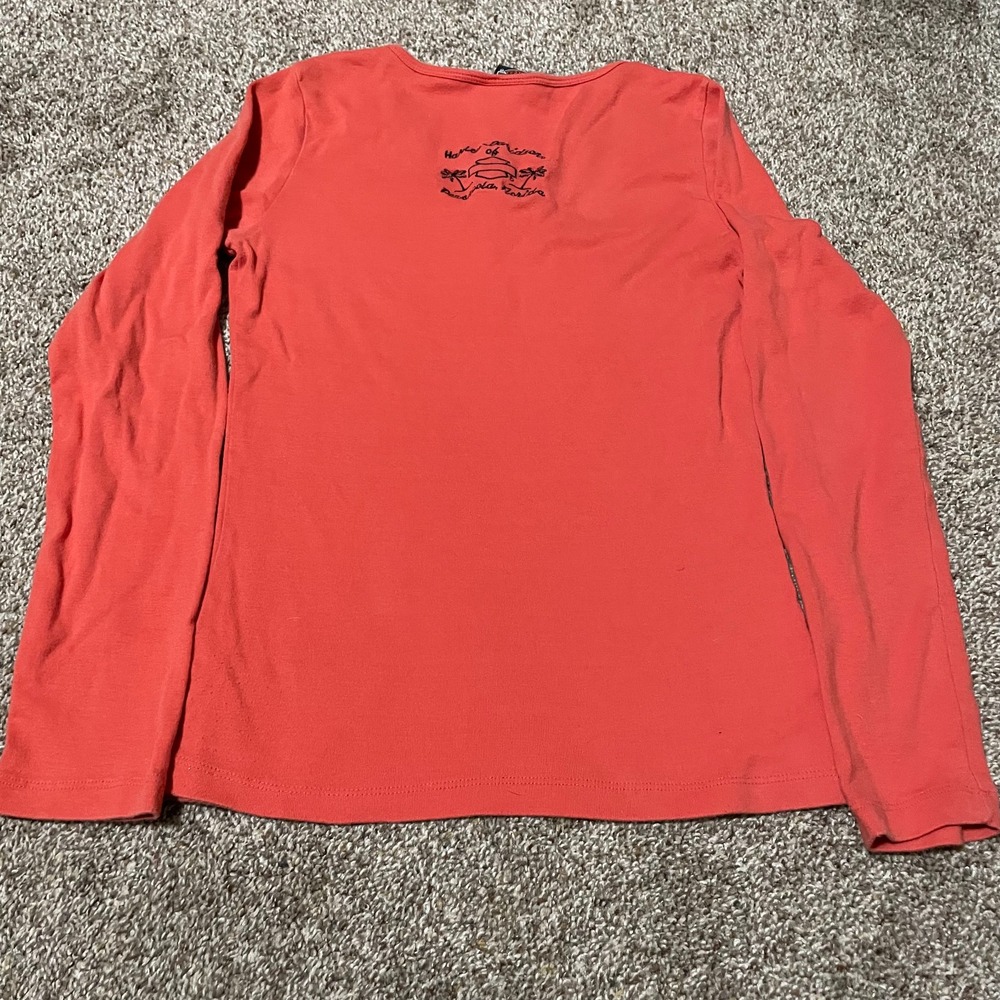 Harley Davidson Womens Coral Orange Rhinestone Split Neck Long Sleeve Top Size M - Picture 4 of 6
